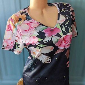 Women's Floral Stretch V-neck T-shirt Top Large